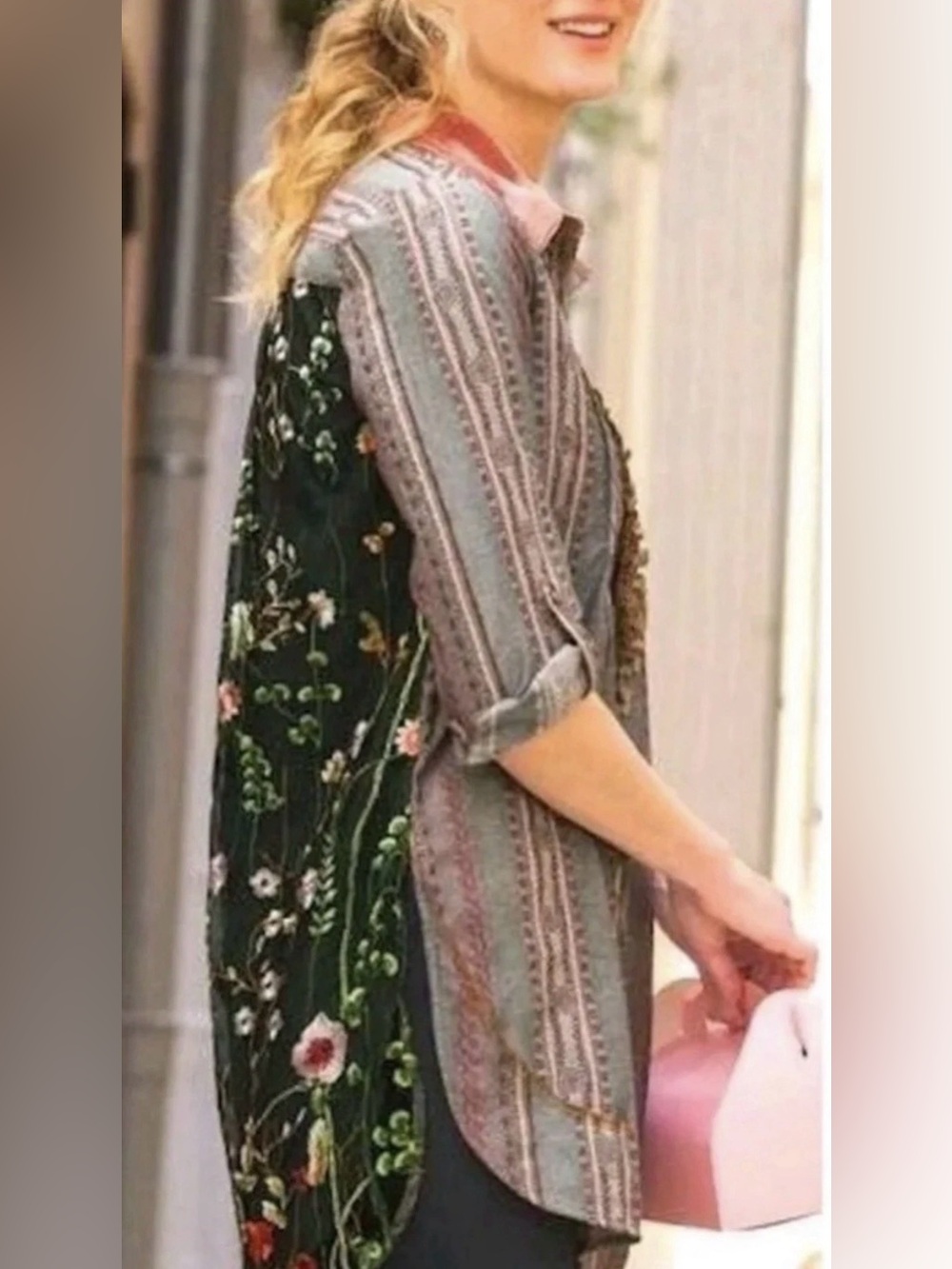 Soft Surroundings Embroidered Floral Tunic Blouse Long Sleeve M